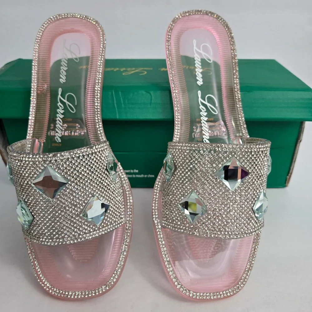 Lauren Lorraine Bianca Rhinestone Crystal Pink Jelly‎ Slide Sandals Size 5.5 NIB